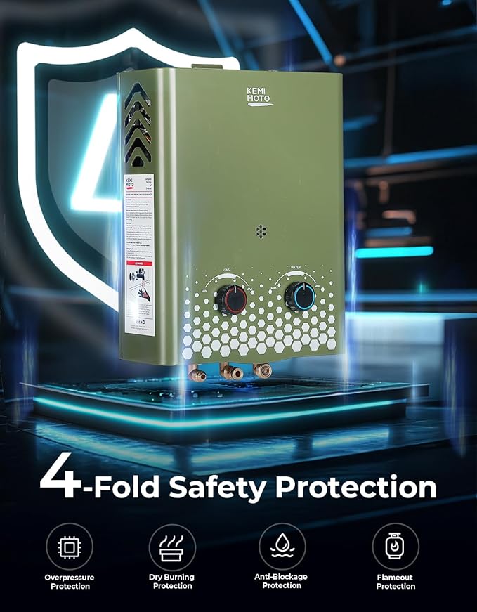 KEMIMOTO Tankless Portable Propane Water Heater Outdoor,1.32Gpm 34000 BTU Camping Portable Water Heater,Easy Installation, 5L Lightweight Heater,Suitable for Rv/Camping/Cabin