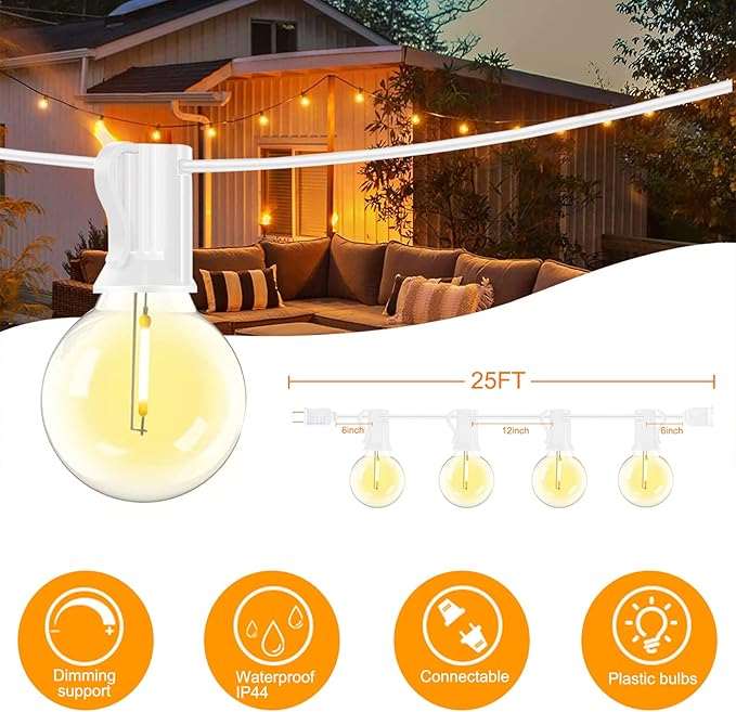 Abeja 25Ft LED Outdoor String Light, Patio Globe String Lights with 27 Shatterproof LED Clear Bulbs(2 Spare), Hanging Patio String Lights for Backyard Decor Bistro Party Yard Decor- White Wire