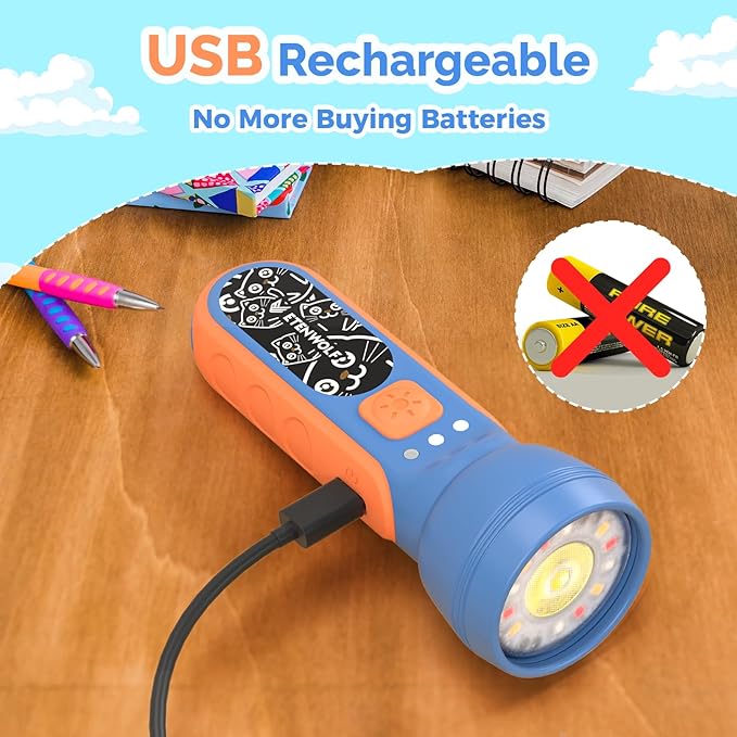 ETENWOLF L1 Flashlight Rechargeable, Mini Flashlight with Fun Stickers, 1500mAh Battery Adjustable Brightness with 6 Light Modes,IPX5 Waterproof Flashlight for Home, Camping and Emergencies, Blue