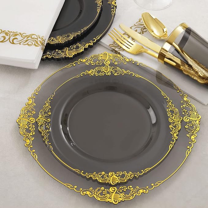 Nervure 175pcs Clear Black Plastic Plates - Gold Plastic Dinnerware Set for 25 Guests include 50 Disposable Plates,75 Gold Silverware,25 Cups,25 Napkins Perfect for Party&Independence Day