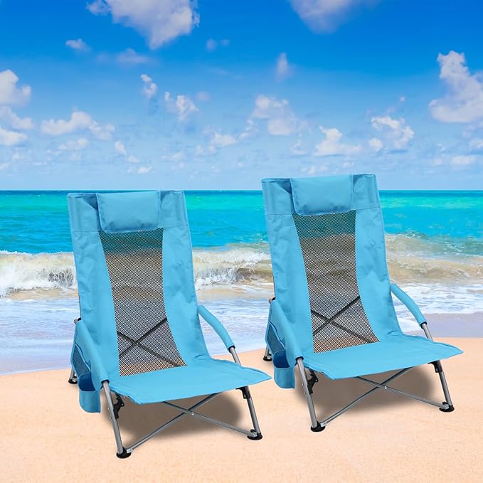 BESTHLS Low Beach Chairs for Adults 2 Pack, High Back Folding Sand Chairs for Beach, with Cup Holder & Carry Bag Lightweight and Portable for Outdoor, Camping, Lawn, Music Festival