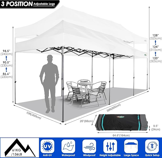 COBIZI 10x30 Pop up Canopy Tent with Sidewalls, Heavy Duty Party Tent Tents for Parties, Foldable UPF 50+ Waterproof Commercial Easy up Canopy with Roller Bag, White(Windproof Upgraded)