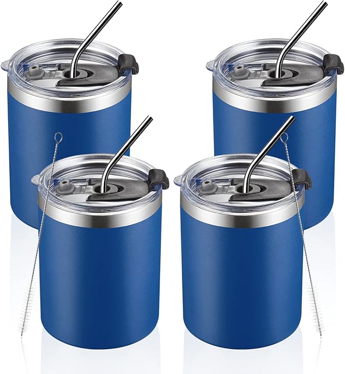 MEWAY 12 oz Lowball, Tumbler Stainless Steel Double Wall Vacuum Insulated Mug with Straw and Lid, Cleaning Brush ,Durable Powder Coated Insulated Coffee Cup for Cold & Hot Drinks (Navy,4 pack)