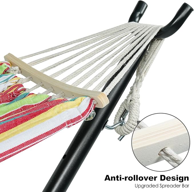 Double Hammock with Stand for Outside, Upgraded Spreader Bar, Heavy Duty Space Saving Steel Stand 2 Person, Side Pockets, Easy Assembly, 600lbs Weight Capacity, Indoor & Outdoor (Salsa Orange)