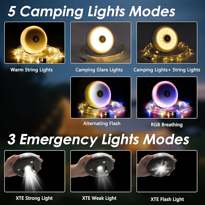 2Pack Camping String Lights, 4-in-1 Quick Storage Camp Light, 8Mode 32.8FT Hanging Tent Lights, Rechargeable Camp Lamp As Camping Essentials Gear, Waterproof LED Lantern for Hiking Travel Patio Party