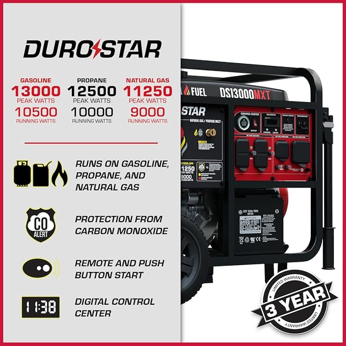 DS13000MXT 13,000-Watt 500cc Tri Fuel Portable Generator - Gas, Propane & Natural Gas, Remote Electric Start, Whole Home Power Backup, Transfer Switch Ready, RV & Emergency Ready