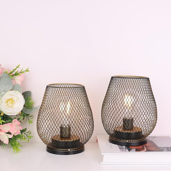NEEDOMO Set of 2 Battery Operated Lamp Outdoor Table Lantern, LED Metal Cage with Timer Mode, Vintage Decorative Lights Cordless Lamp Indoor Outdoor Patio Bedroom Living Room (Golden)