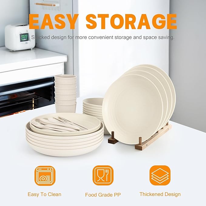 OAMCEG Wheat Straw Dinnerware Sets 42 Pcs, Plastic Wheatstraw Plates and Bowls Sets Kitchen Set for 6, Unbreakable Dishwasher Microwave Safe Dinnerware Dish, Kitchen Outdoor Camping Dishes, White