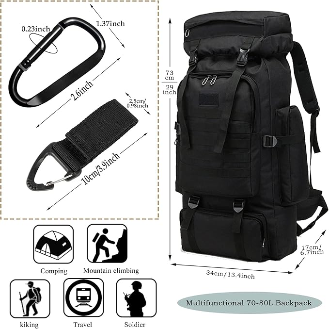 70L Hiking Backpack for Men, Waterproof Lightweight Camping Backpack, Military Rucksack with Molle, 3-Day Assault Pack for Travel, Climbing, Outdoor Sports(Black)
