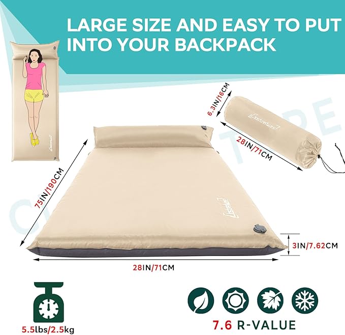 Clostnature Self Inflating Sleeping Pad for Camping - 1.5/2/3 inch Camping Pad, Lightweight Inflatable Camping Mattress Pad, Insulated Foam Sleeping Mat for Backpacking, Tent, Hammock