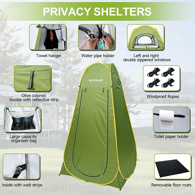 NEVERLAND Pop up Privacy Shower Tent - Portable Changing Shower Tent, Dressing Room, Bathroom, Outdoor Rain Shelter for Camping, Hiking, Beach (Green)