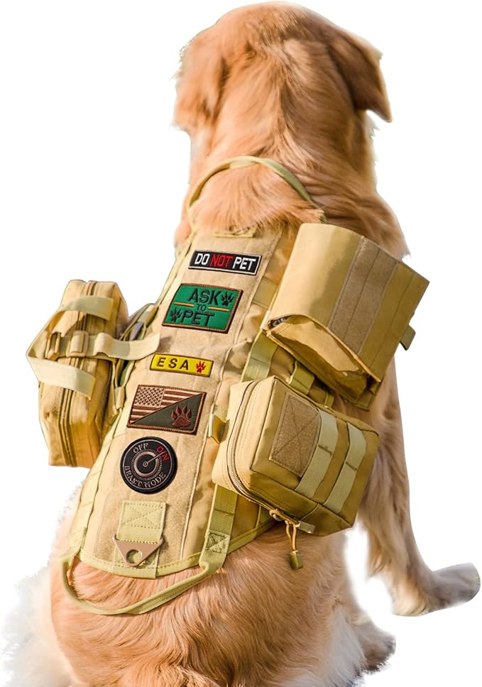 AIWAI Tactical Dog Harness with Pouches,Dog Vest Harness for Large Medium Dogs No-Pull Adjustable Military Dog Harness with Handle Walking Hiking Training (Khaki, M)