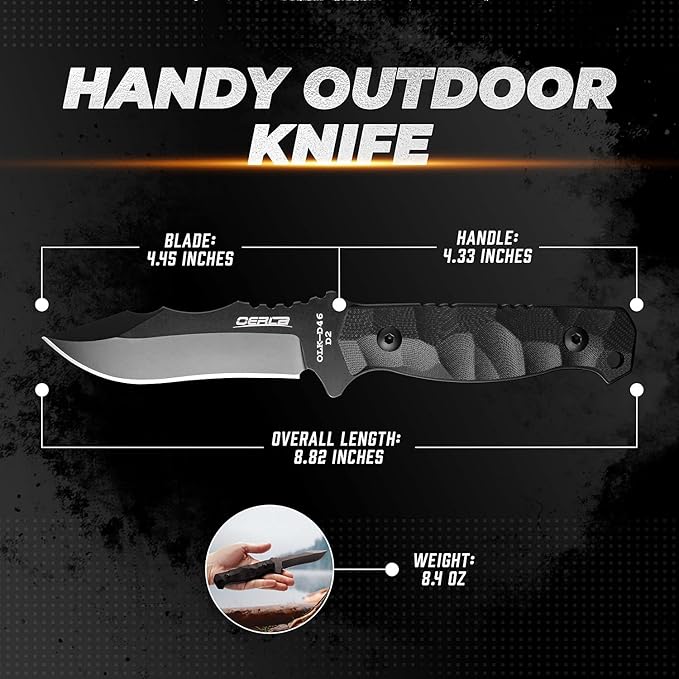 OERLA OLK-D46 Tactical Fixed Blade – D2 Steel Full Tang Survival Tool with Kydex Sheath & G10 Handle for Camping, Hunting, Bushcraft