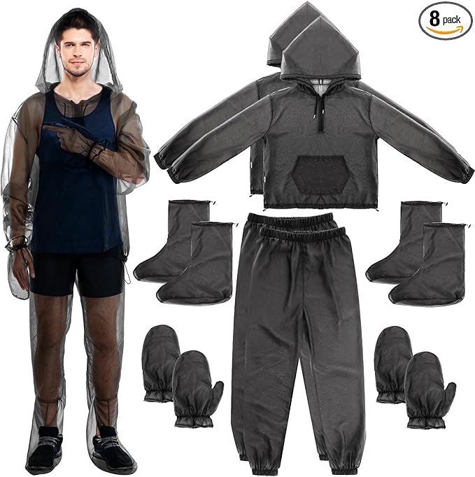 8 Pcs Large Mesh Mosquito Net Suit Bug Mesh Pants and Jackets with Hood Socks Mittens Full Body Insect Net Suit Mosquito Clothing for Adult Women Men Outdoor Gardening Fishing, L/XL