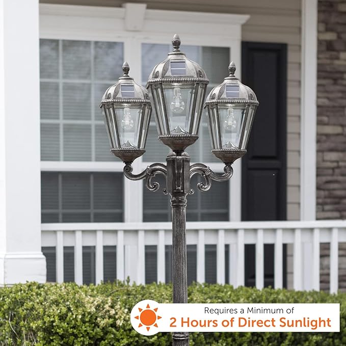 Gama Sonic Royal Bulb Solar Lamp Post Light Kit, 89 inch Tall, Outdoor Triple Head Weathered Bronze Cast Aluminum, Rain Water Glass Light Pole, Warm White 2700K 98B303 (Upgraded Panel)