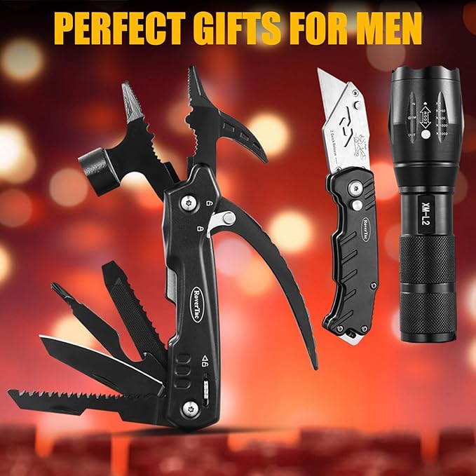 RoverTac Multitools Set - 12-in-1 Multi Tool Hammer, LED Flashlight, Utility Knife in Premium Gift Box, Camping Essentials Survival Camping Gear, Multitool Gift for Men Dad Him