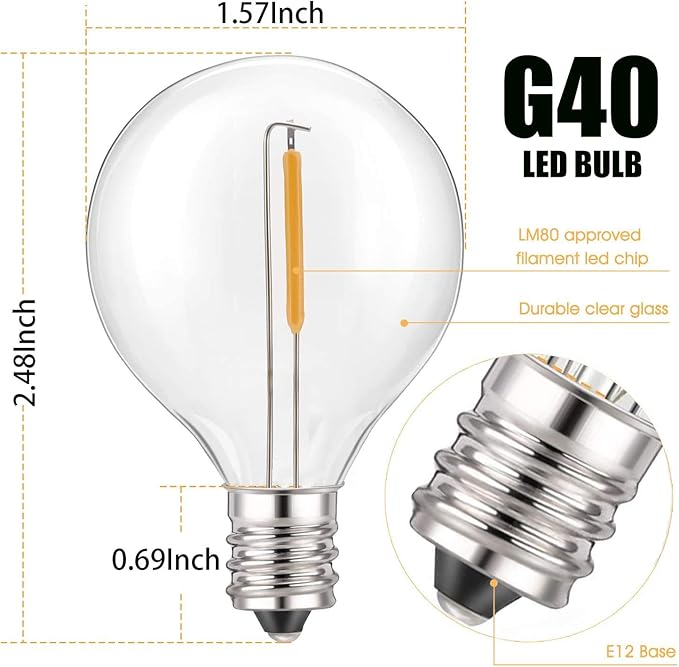 25Ft LED G40 Outdoor String Lights, Patio Globe String Lights with 27 Shatterproof LED Clear Bulbs, E12 Base Vintage Commercial Hanging Lights for Café Backyard Porch Party Holiday Decor- Black Wire