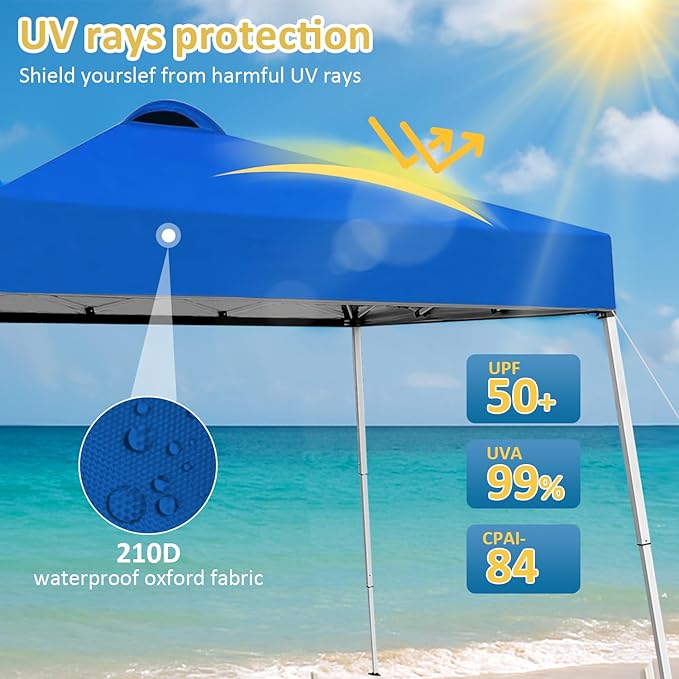 8x8 Top Pop Up Canopy Tent with Central Lock Design, Slant Legs, Backpack, Easy Outdoor Sun Shade for Events, Parties, Camping(Blue)