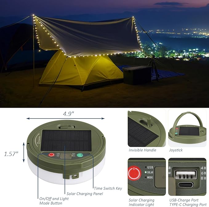 Camping String Lights, 32.8Ft Solar Camping Lights, Portable Waterproof Camp Lamp with 13 Lighting Modes, Hanging Rechargeable Tent Lantern for Outdoor, Indoor, Hiking, Yard, Party Decor