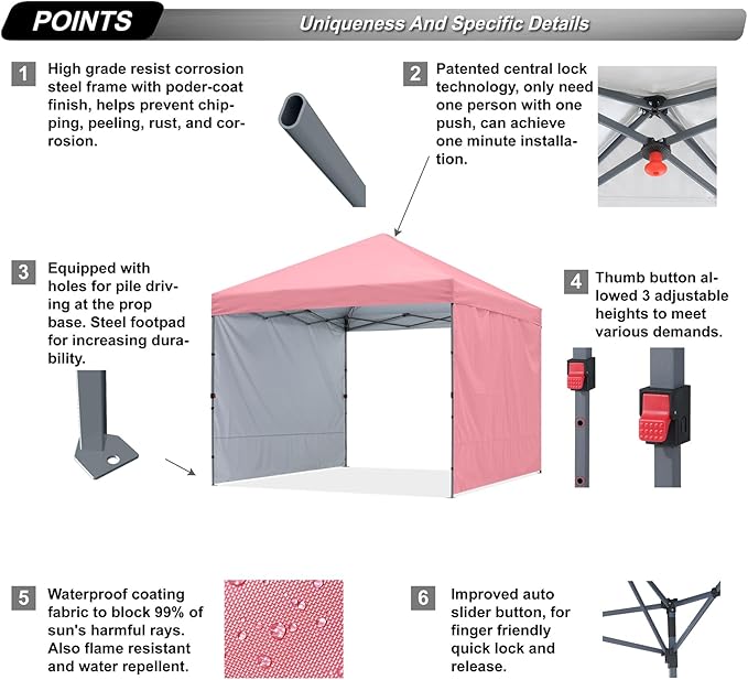 ABCCANOPY Pop up Canopy Tent with 2 Sidewalls for Outdoor Sun Blocking or Rain Protection,10x10, Pink