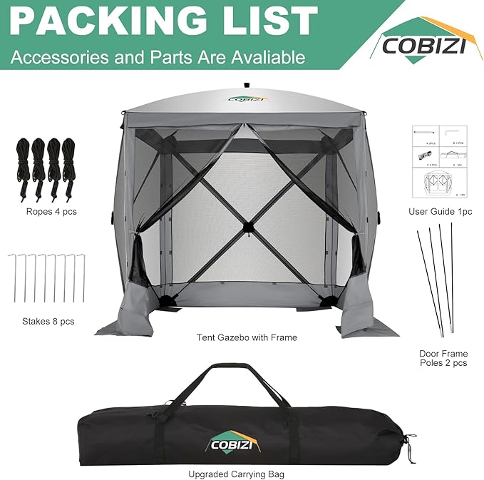 COBIZI 6x6 Pop up Gazebo Tent, Ez up Waterproof Screen Tent Screen House, Portable Outdoor Canopy Sun Shelter with Carry Bag & Ground Stakes for Camping, Garden and Picnics, Gray(Upgraded 2.0)