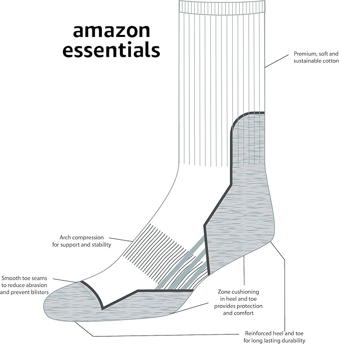 Amazon Essentials Men's Hiking Socks, Comfortable Cushioned Crew Socks, 3 Pairs