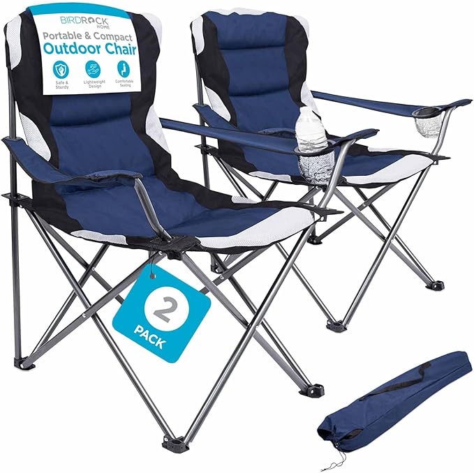 Internet's Best 2 Pack Padded Camping Folding Chair | Outdoor | Navy Blue | Sports | Cup Holder | Comfortable | Carry Bag | Beach | Quad