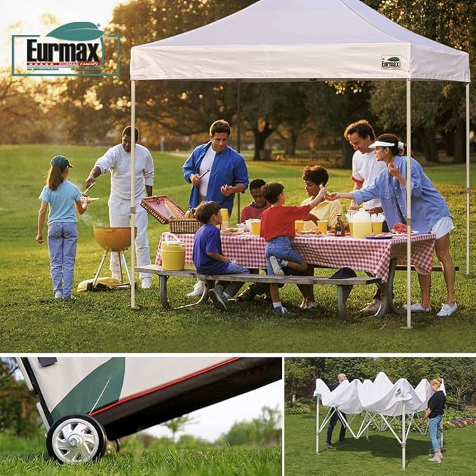 Eurmax USA 8'x12' Pop Up Canopy Tent Commercial Instant Canopies with Heavy Duty Roller Bag,Bonus 4 Sand Weights Bags (Black)