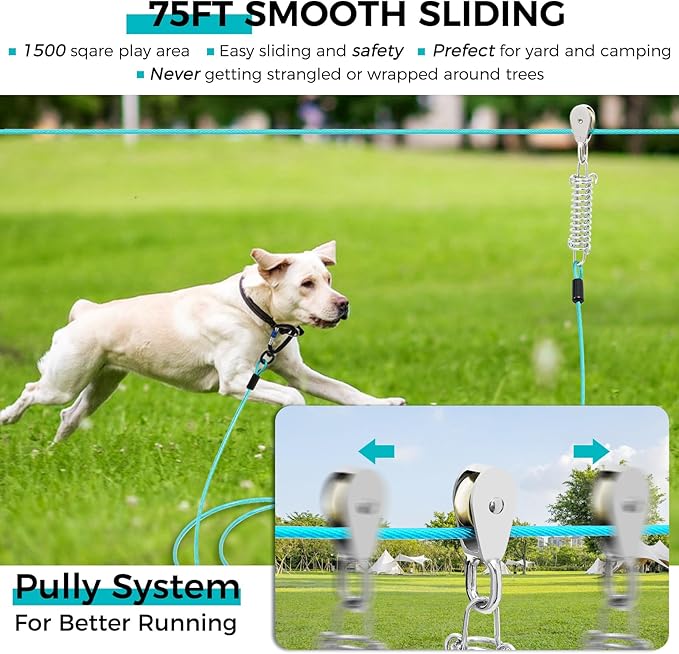 Snagle Paw Dog Runner for Yard,Heavy Duty Trolley System for Large Dogs,Dog Tie Out Run Cable,Dog Zip line 100ft with 10ft Pulley Runner Line for Dogs Up to 250lbs for Yard or Camping