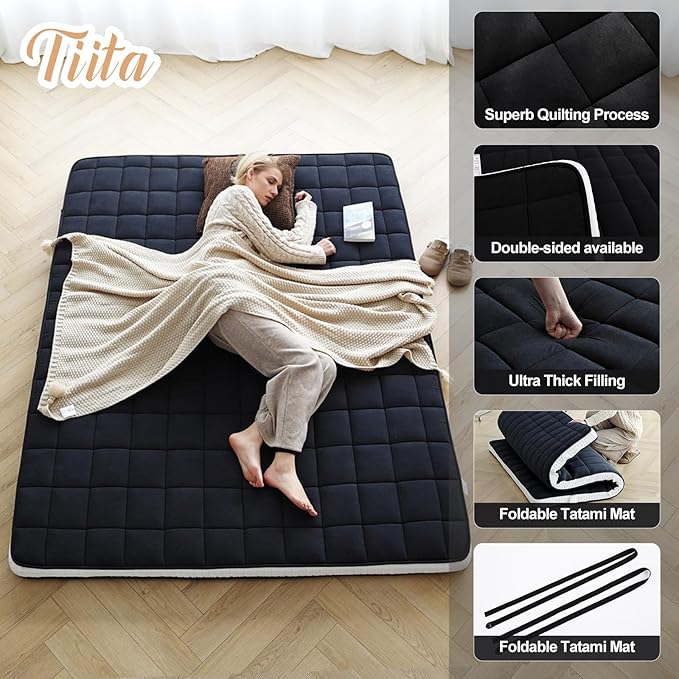 Tiita Japanese Floor Mattress, 4” Thicken Futon Mattress with Storage Bag and 2 Straps, Full Size Sleeping Tatami Mat for Adults,Black