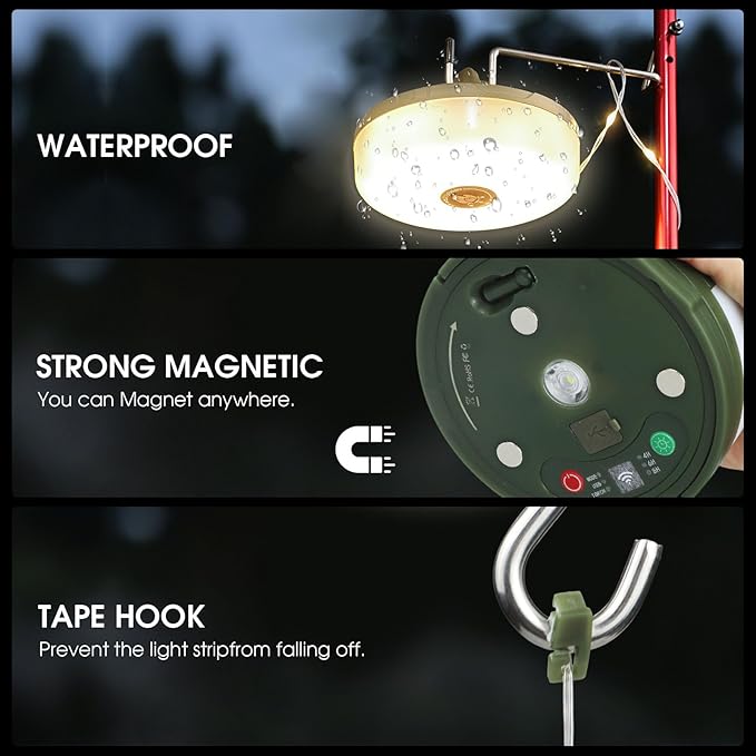 2-Pack Camping String Lights with Remote Control, 4 in 1 Portable Camping Light Rechargeable, 14 Lighting Modes, USB Charging, Quick Storage, 32.8ft Waterproof Tent Light for Hiking, Yard, Christmas