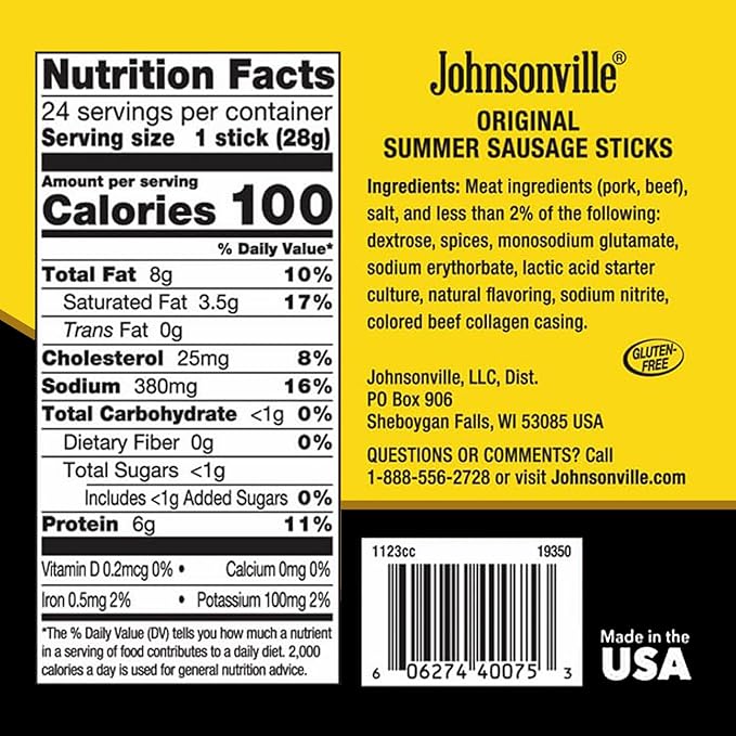 Johnsonville Summer Sausage Snack Sticks - Dairy Free, Gluten Free Protein Snacks, Jerky Snack Packs - Original, 1 oz., 24-Pack