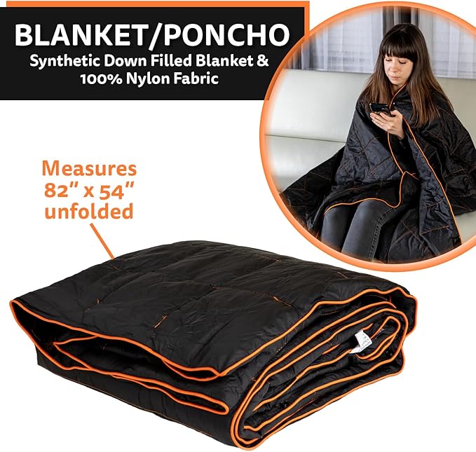 Ripstop Outdoor Camping Pillow and Blanket 3-in-1 - Versatile Lightweight Nylon Waterproof Stadium Blanket, Ultralight Backpacking Essentials, Travel Set - Black and Orange