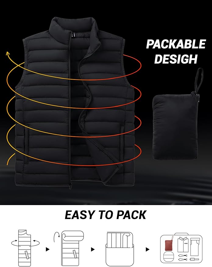 Cotrasen Men's Puffer Lightweight Vest Packable Outerwear Vest Warm Winter Outdoor Sleeveless Jacket for Travel Running