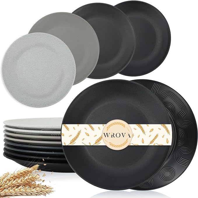 Wheat Straw Dinner Plates 10 Inch Unbreakable Set of 8 - Dishwasher & Microwave Safe Plastic Plates Reusable - Lightweight Plates for kitchen,camping,salad - Black to Grey