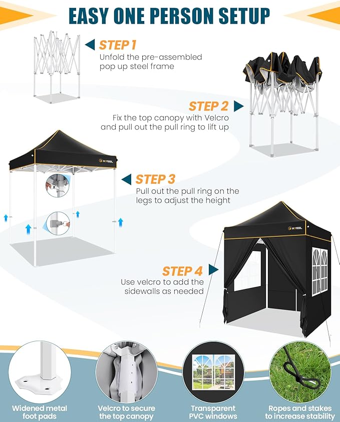 HOTEEL 6.6x6.6 Heavy Duty Pop Up Canopy Tent for Parties Event Wedding Commercial Instant Canopy with Carry Bag, Party Tent Waterproof UV 50+, Upgraded Thick Hexagonal Legs,Black