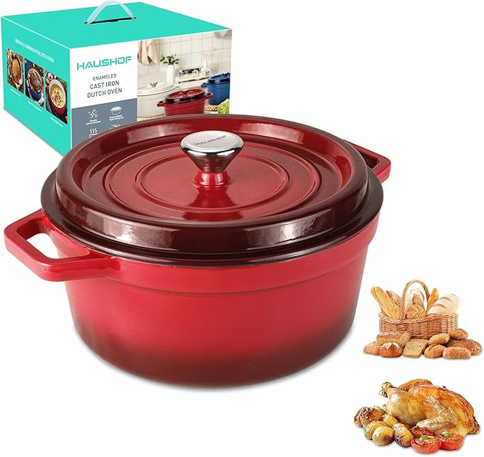 HAUSHOF 5.3QT Enameled Cast Iron Dutch Oven with Lid, Non-Stick Pot for Sourdough Bread Baking, Stewing, Rosting, Island Spice Red