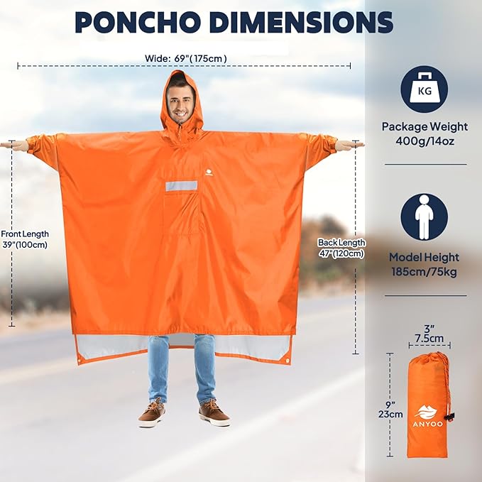 ANYOO Hooded Rain Poncho for Adults Waterproof Lightweight Rain Coat for Men Women Reusable Rain Jacket for Emergency Outdoor