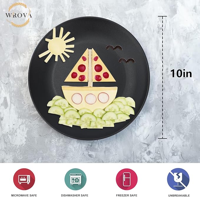 Wheat Straw Dinner Plates 10 Inch Unbreakable Set of 8 - Dishwasher & Microwave Safe Plastic Plates Reusable - Lightweight Plates for kitchen,camping,salad,appetizer - Pure Black