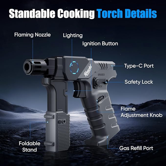 Butane Torch - Foldable Grip Kitchen Butane Torch with Safety Lock & Blue Light, Creme Brulee Torch for Cooking, BBQ & Soldering (Butane Not Included)
