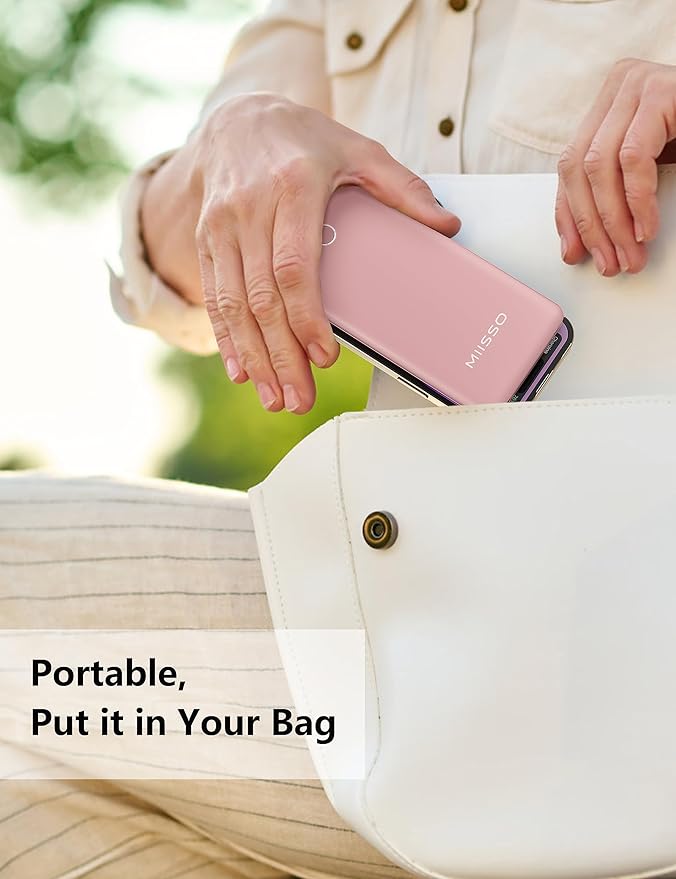 miisso 10000mAh Slim Portable Charger with Built in Cable, Power Bank Travel Charger External Battery Pack for Phone, 4 Output USB Type C Cord Clutch Charger Compatible with iPhone, Light Pink