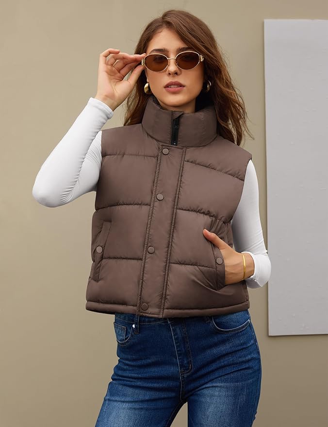 Fengbay Womens Puffer Vest Sleeveless Puffy Cropped Vests Stand Collar Vest Lightweight Bubble Quilted Vests Trendy 2025
