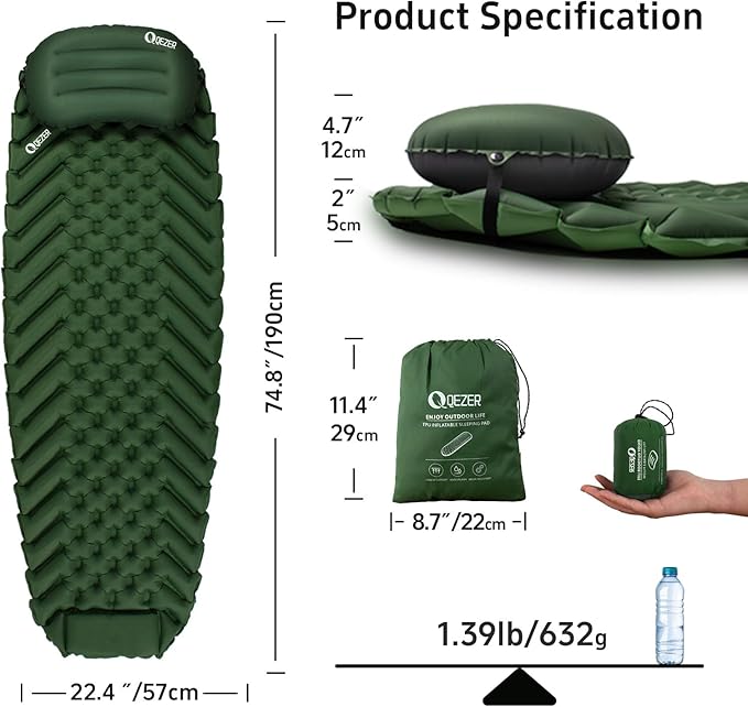 Ultralight Backpacking Sleeping Pad for Camping, with Inflatable Neck Camping Pillow, Lightweight Inflatable Sleeping Pad for Adults, Portable for Hiking, Car Travel - Durable & Comfortable