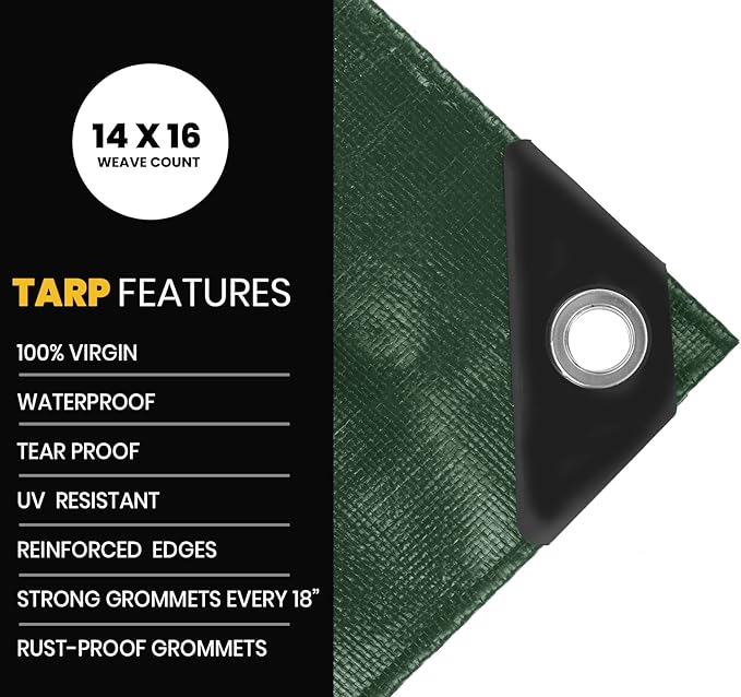 PROTARP Extra Heavy Duty 16 Mil Tarp Cover, Waterproof, UV Resistant, Rip and Tear Proof, Poly Tarpaulin with Reinforced Edges for Roof, Camping, Patio, Pool, Boat. (Green/Black 30′ X 30′)