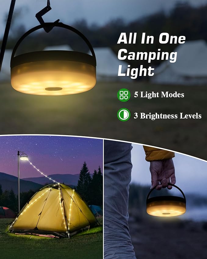 Anpro 4 in 1 Solar Camping String Lights, 39.4Ft Ultra Long String with 150LEDs, 3600mAh Solar Powered and USB Rechargeable Light with Remote Control, Portable Camping Light for Hiking, Decorations