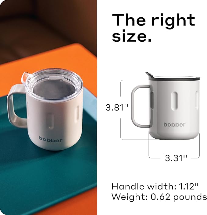 BOBBER 10 oz Insulated Coffee Mug with Handle & Lid – Stainless Steel Coffee Travel Mug – Triple Walled Metal Cup for Hot Drinks, Ideal for Men & Women, Work & Travel (Sand Grey)