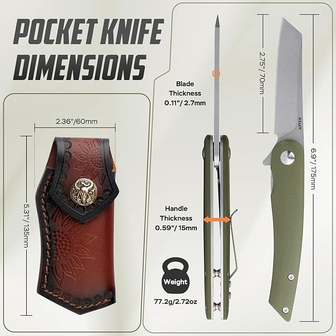 Folding Pocket Knife with Leather Sheath, 2.79” 14C28N Steel Blade Micarta Handle Flipper Liner Lock Small EDC Folding Knife, Sharp Camping Hunting Outdoor Survival Knives for Men Women (Green)