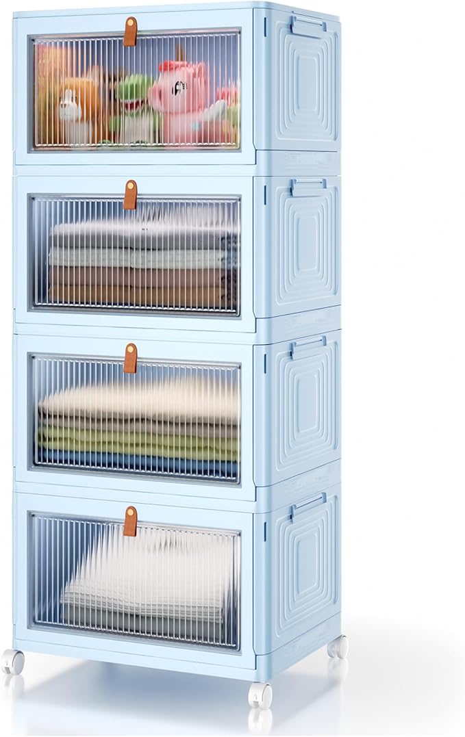 4 Tier Stackable Plastic Storage Bins with Lid and Wheels - 23 QT Closet Organizers and Storage, Foldable Storage Containers, Organization and Storage Boxes for Craft, Home, Pantry, Dorm,Blue