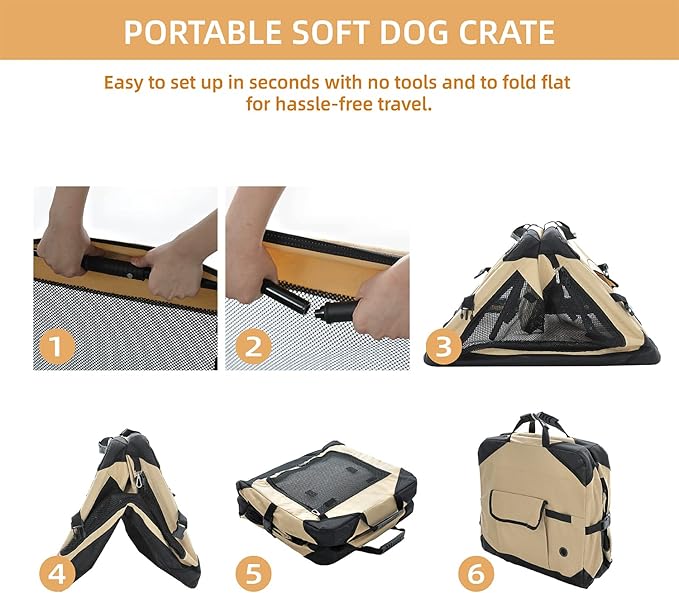 Pettycare 26 Inch Collapsible Foldable Soft Dog Kennel with Chew Proof Mesh Windows, Indoor & Outdoor Travel Dog Crate, Soft Side Dog Crate, Beige