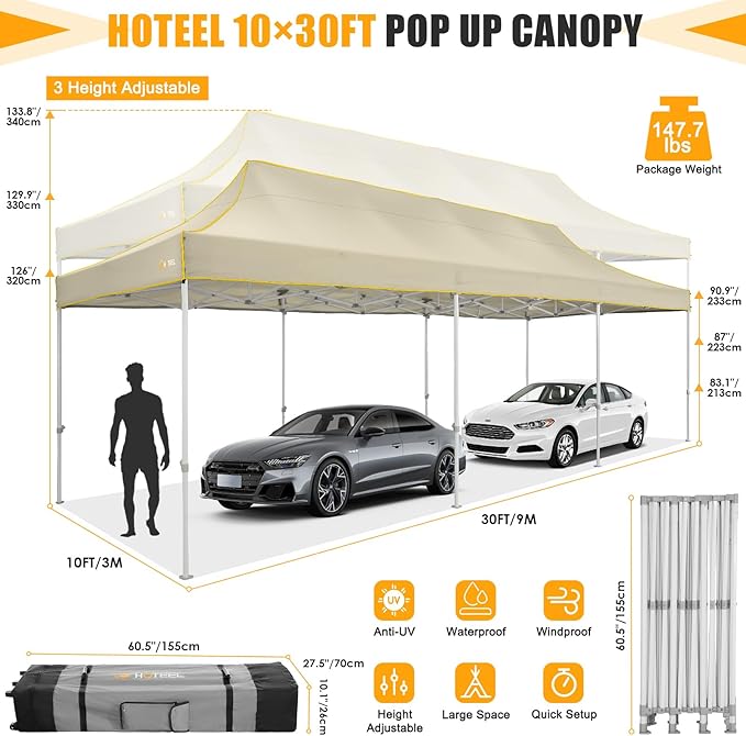 HOTEEL 10x30 Heavy Duty Pop Up Canopy Tent for Parties Event Wedding Commercial Instant Canopy with Wheeled Bag, Party Tent Waterproof UV 50+&Windproof, Upgraded Thick Hexagonal Legs, Khaki